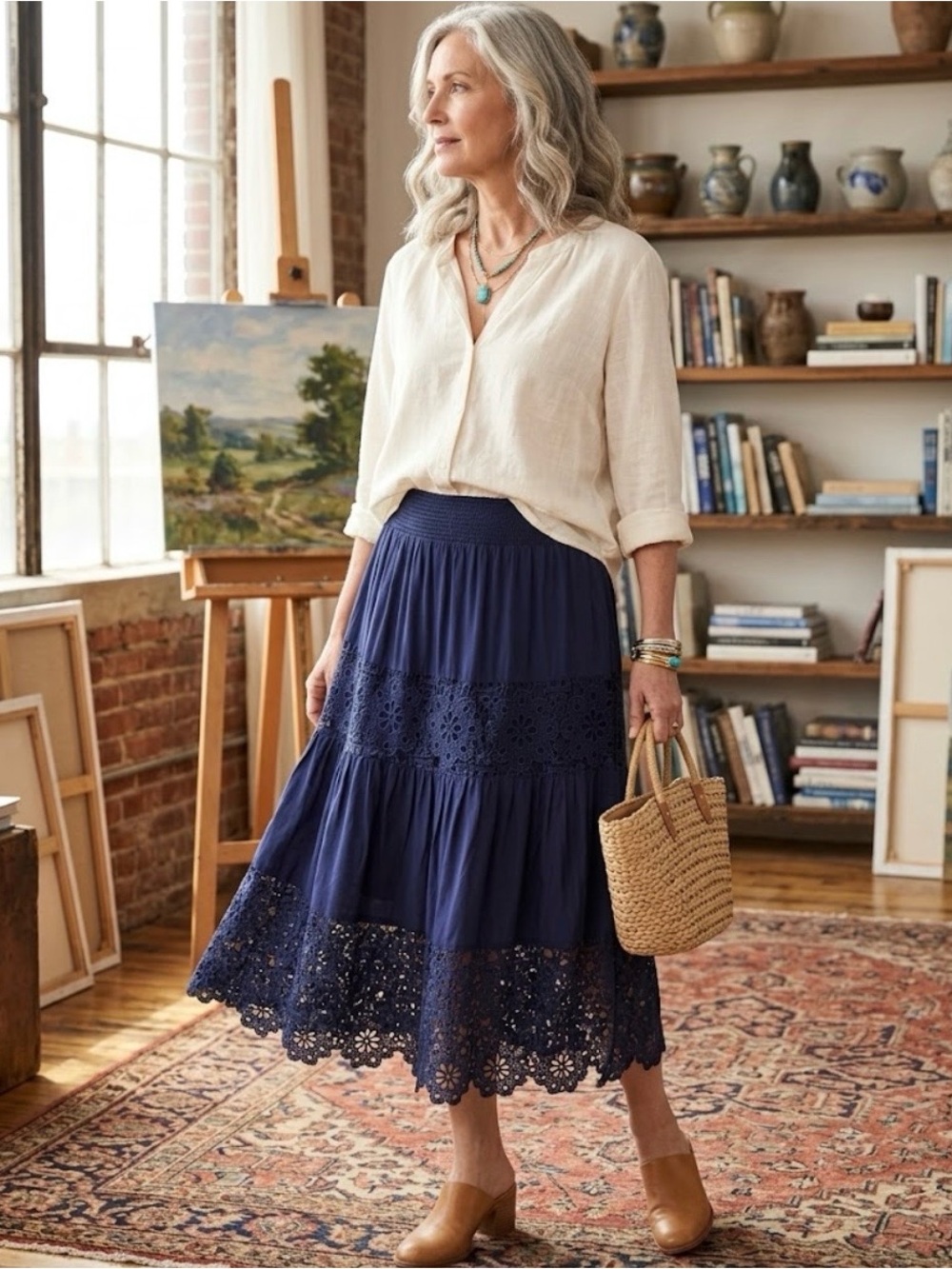 Sundance Blue Tiered Lace Inset Smocked Midi Skirt Boho Floral Crochet Medium